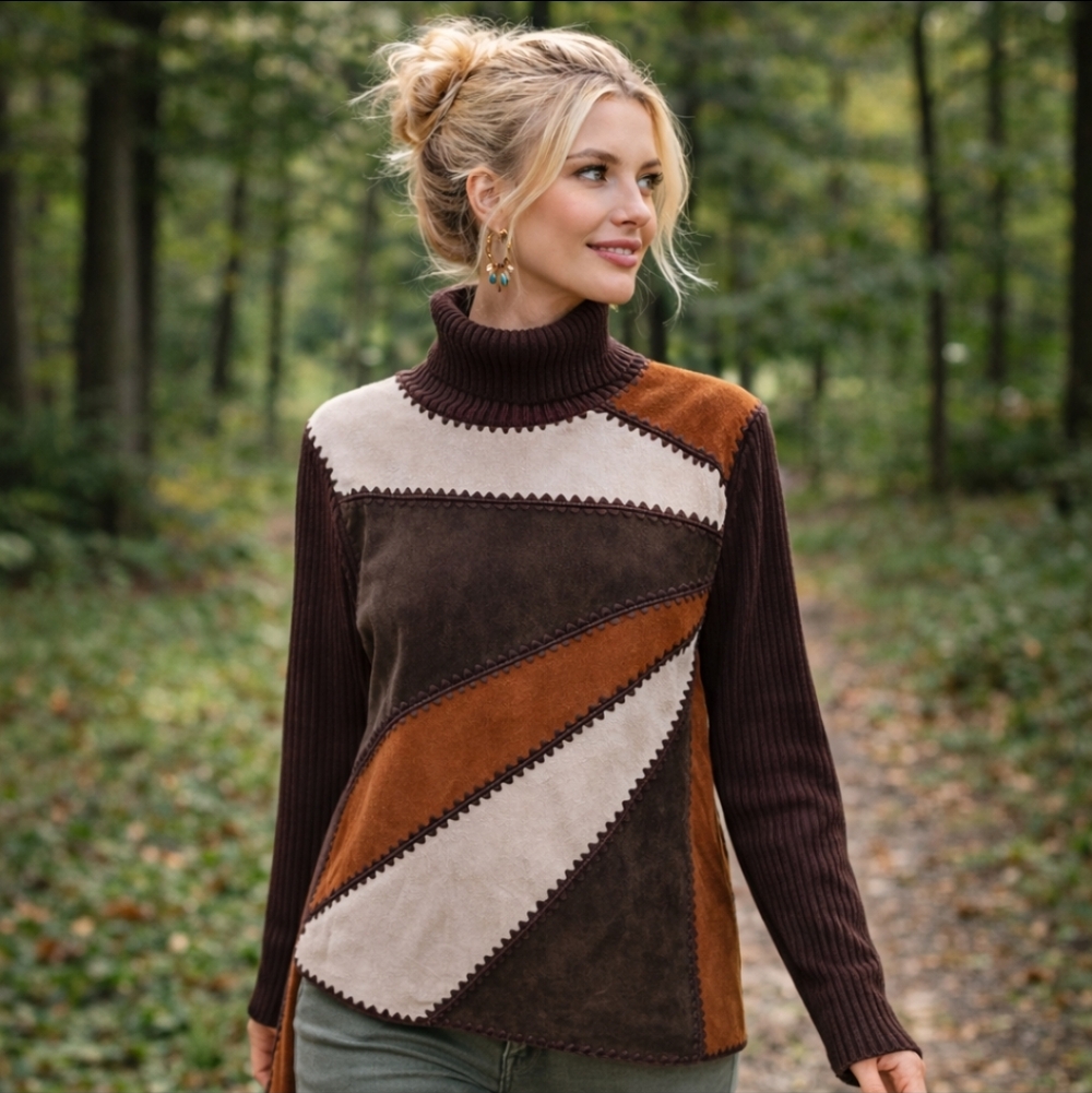 Vintage Nygard Collection Womenβs Boho Western Patchwork Suede Sweater Size L